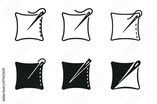 Sewing Logo Variations. Sewing pillowcase. Set Logo of Sewing pillowcase: needle stitching along edge. harmonious logo variations of the same emblematic