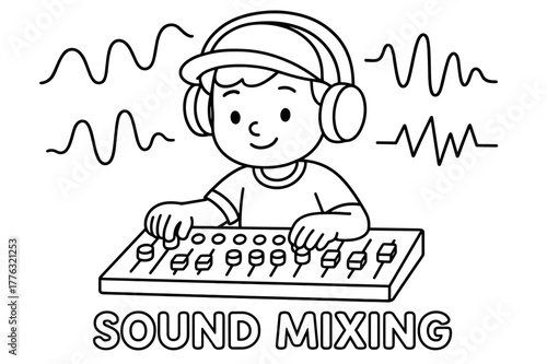 Sound Mixing Fun. Sound mixing children?s coloring book illustration, outlined drawing, a music producer adjusting knobs and sliders on an audio mixer with