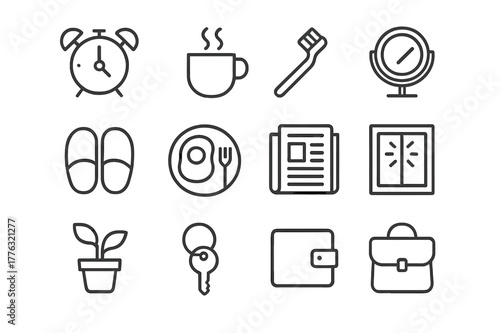 Morning Routine Icons. Morning Routine. Line icon set of Morning Routine: alarm clock, steaming mug, toothbrush, mirror, slippers, breakfast plate, newspaper,