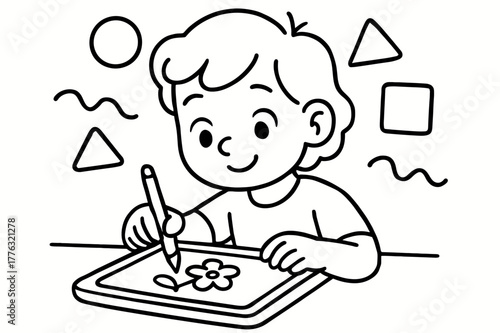 Tablet Drawing Fun. Digital art children?s coloring book illustration, outlined drawing, young artist drawing on a tablet with colorful shapes floating around,