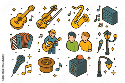 Isometric Music Icons. Outdoor musician. Colorful isometric vector icons set of outdoor musician: guitar, violin, saxophone, drum, accordion, hat for tips,