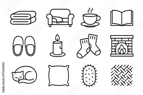 Cozy Blanket Icons. Cozy Blanket on Sofa. Line icon set of Cozy Blanket on Sofa: folded blanket, sofa with throw, cup of tea, open book, slippers, candle, warm