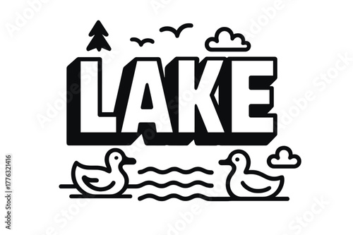 Lake Lettering Design. Bold Block Lettering ? "Lake" in massive bold geometric letters, stacked block composition, heavy outlines with subtle drop shadow,