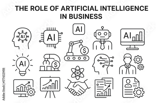 AI in Business. The role of artificial intelligence in business. Line icon set of The role of artificial intelligence in business: ai