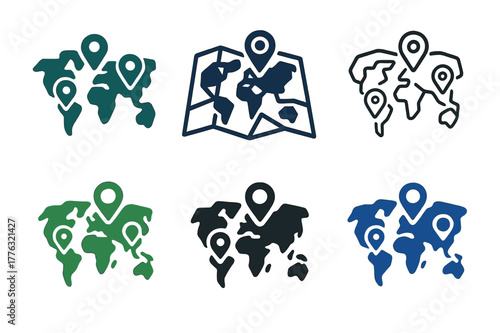 Game Logo Variations. Game storylines. Set Logo of game storylines: world map with quest markers. Icon set. harmonious logo variations of the same emblematic