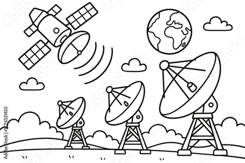 Space Signals Coloring Page. Radio telescope network children?s coloring book illustration, outlined drawing, a space satellite dish beaming signals to Earth?s