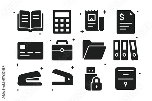 Bookkeeping Icons Grid. Bookkeeping and business finance. Solid icons set of Bookkeeping and business finance: ledger book, calculator, receipt organizer,
