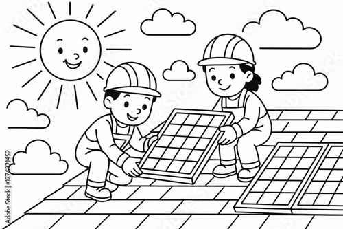 Solar Panel Coloring Fun. Solar panel installations children?s coloring book illustration, outlined drawing, smiling workers placing solar panels on a sunny