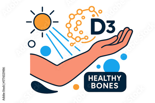 Vitamin D Artistry. Vitamin D Synthesis. Rays touch the skin of a relaxed arm; molecule icons swirl, connecting into ?D3.? A minimalist label glows ?Healthy