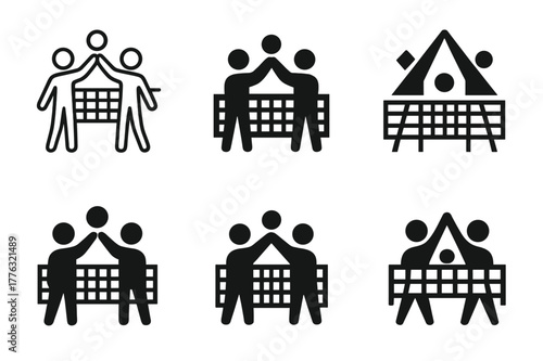 Volleyball Team Icons. A person participating in a team sport like volleyball, showing teamwork. Set Logo of A person participating in a team sport like