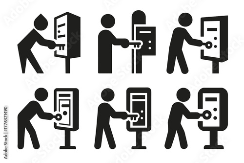 Mail Icon Variations. Bringing in the mail. Icon set. Set Logo of bringing in the mail: key unlocking community mailbox door. harmonious logo variations of the