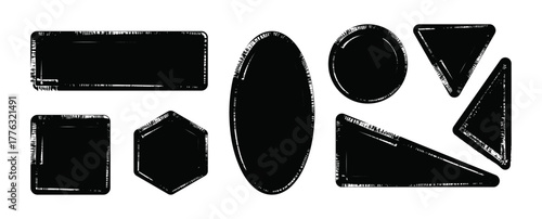 Grunge geometric stamp shapes set, distressed vector frames and textured design elements.