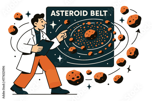 Celestial Cartography in Motion. Asteroid belt studies. Astronomer pointing at asteroid belt map with abstract floating asteroids, orbit paths, and sparkles;