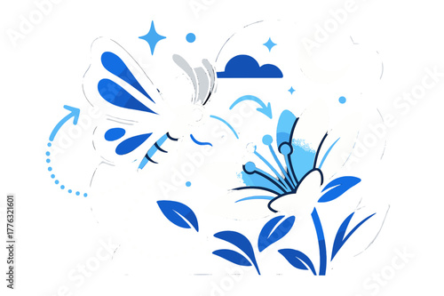 Moth's Moonlit Dance. Nocturnal pollination. A moth visiting a glowing night-blooming flower under a soft