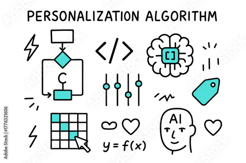 Personalization Algorithm Doodles. // Personalization algorithm. Hand-drawn doodle illustration Personalization algorithm [flowchart (accented), code brackets