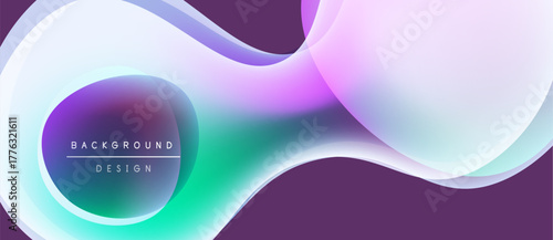 Abstract fluid shapes, vibrant colors blend. Purple backdrop complements turquoise, pink gradients. Modern design element for digital projects.