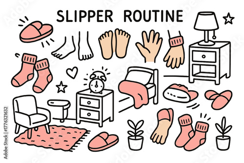 Cozy Bedroom Doodle. Slipper routine. Hand-drawn doodle illustration slippers (colored), feet (colored), hands (colored), socks (colored), chair (colored),