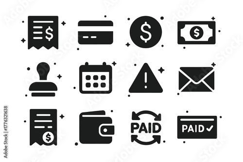 Payment Icons Collection. Payment and Bill Reminders. Solid icons set of Payment and Bill Reminders: invoice, credit card, dollar coin, banknote, due date