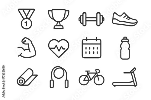 Fitness Icons Collection. Exercise achievements. Line outline icon set of exercise achievements: medal, trophy
