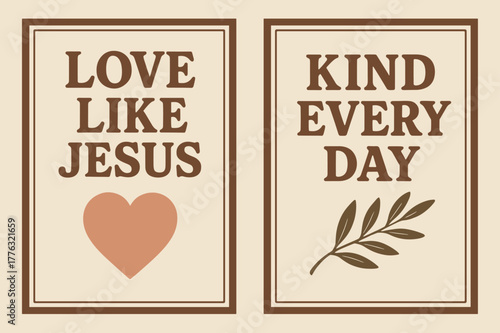 Love and Kindness Banners. Love in Action. Two vertical A6 banners with safe margins, centered composition, no elements touching edges, retro, cocoa and blush,