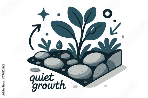 Serene Garden Corner. Pebble ? Garden Corner. Pebbles line a flower bed with soft shadows; droplets glint after rain. Label ?quiet growth? in small script