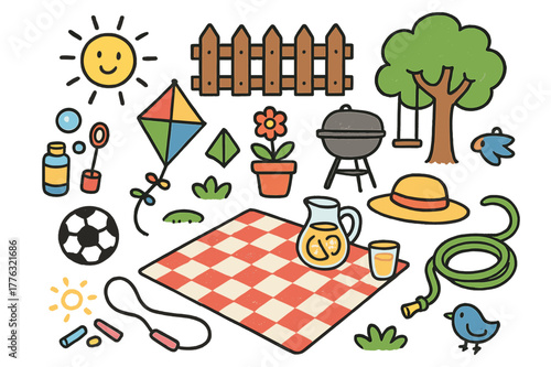 Colorful Backyard Playtime. Backyard playtime. Colorful Hand-drawn doodle Children illustration Backyard playtime picnic blanket, soccer ball, bubbles wand,