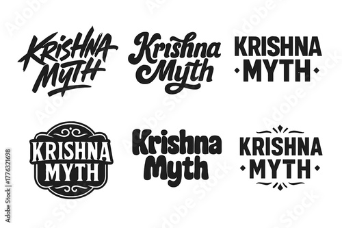 Krishna Lettering Variations. Krishna Myth. Set lettering. harmonious lettering variations of the same emblematic concept, each with different artistic