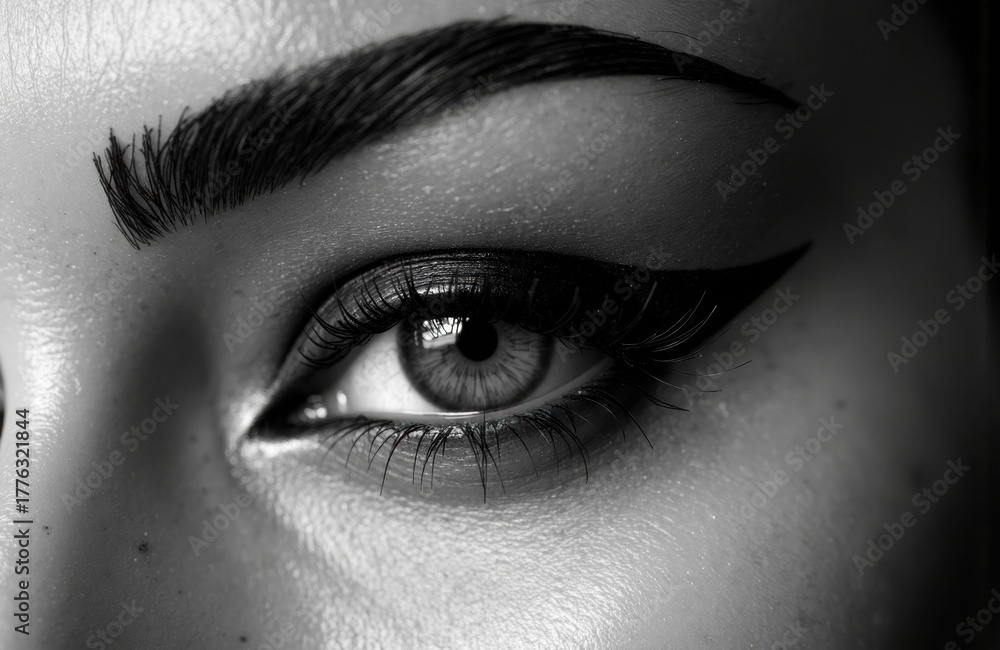 Obraz premium Woman's eye with makeup and eyeliner in black and white
