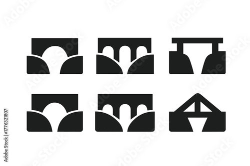 Encore Career Logo. Encore careers (second careers after retirement). Set Logo of bridge between two cliffs: Iconic shape, Flat solid, Symmetrical form,