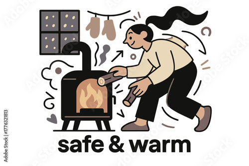 Cozy Winter Haven. Keeper of the Hearth ? Winter Shelter. Snow taps the window while the stove glows; mittens dry on a simple line. Caption ?safe & warm?.