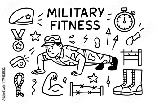 Military Fitness Icons. Military fitness. Hand-drawn doodle illustration military fitness soldier, push-up pose, whistle, stopwatch, boots, hat, obstacle
