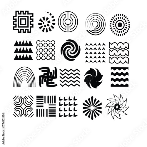 Minimal flat black-and-white vector set of unique geometric shapes, swirls, zigzags, and spiral abstract symbols