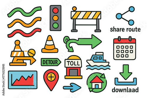 Vibrant Traffic Doodle. Route planning and traffic. Colorful Hand-drawn doodle Children illustration Route planning and traffic multi-route lines, traffic
