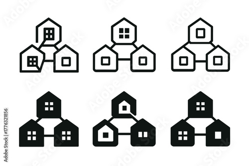 Remote Work Logos. Remote work hubs. Set Logo of remote work hubs: connected home offices network. Icon set. harmonious logo variations of the same emblematic