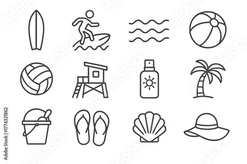 Coastal Activity Icons. Coastal activities. Line icon set of coastal activities: surfboard, surfer, waves, beach ball, volleyball, lifeguard tower, sunscreen