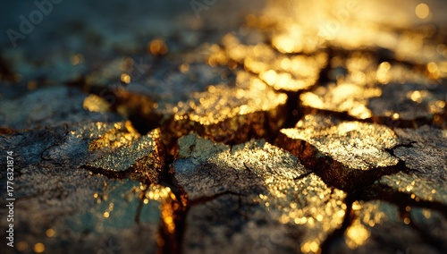Dried cracked earth reflecting golden light.
