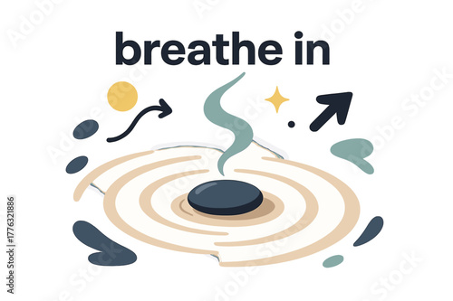 Tranquil Meditation Pebble. Pebble ? Meditation Focus. A single pebble rests at the center of soft sand spirals; incense smoke curves upward. Caption ?breathe