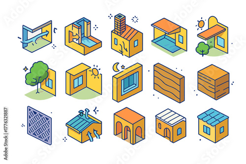 Passive Cooling Icons. Passive cooling strategies. Colorful isometric vector icons set of Passive cooling strategies: cross breeze corridor, stack ventilation