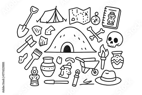 Archaeology Doodle Collection. Archaeology mound. Hand-drawn doodle illustration burial mound, ancient tools, pot shards, bones, excavation brush, spade, tent,