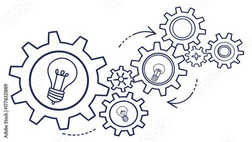 Innovative solutions with gears and lightbulbs, symbolizing creative problem-solving and teamwork, promoting collaboration for business success and brainstorming ideas