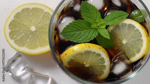Top-Down Minimalist Composition for a Refreshing Lemonade Drink with Sliced Lemon  Mint Leaves  a Soda Can  and Ice