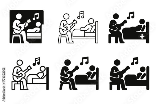 Music Therapy Logos. Music therapy for health. Set Logo of music therapy for health: hospital bedside music session. Icon set. harmonious logo variations of