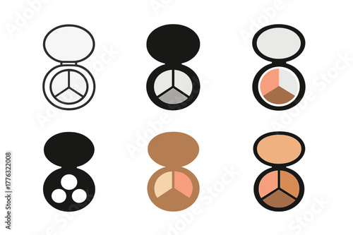 Cosmetic Trio Icons. Blush, highlighter, and bronzer trio. Set Logo of Blush, highlighter, and bronzer trio: three-pan round compact with mirror. Icon set.