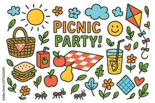 Colorful Picnic Fun. Picnic party. Colorful Hand-drawn doodle Children illustration Picnic party picnic basket, sandwich, fruits, juice box, checkered blanket,