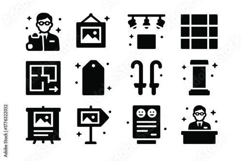 Art Curation Icons. Art curation. Solid icons set of art curation: curator with clipboard, hanging frame, lighting setup, art placement grid, exhibit plan,