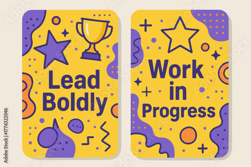 Bold Leadership Banners. Lead boldly. Two vertical A6 banners with safe margins, centered composition, no elements touching edges, memphis, purple and yellow,