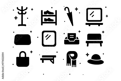 Homey Entryway Icons. Homey Entryway. Solid icons set of Homey Entryway: coat rack, shoe shelf, umbrella, key hook, doormat, mirror, mail tray, bench, tote