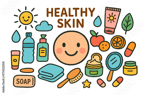 Healthy Skin Doodles. Healthy Skin. Colorful Hand-drawn doodle Children illustration Healthy Skin smiling face, moisturizer, water bottle, fruits, sun, cloud,