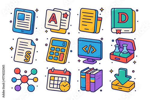Colorful Educational Icons. Educational tools and resources. Colorful isometric vector icons set of educational tools and resources: digital