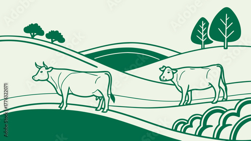 Serene countryside scene featuring grazing cows on rolling hills, perfect for illustrating farm life, sustainable agriculture, and peaceful rural landscapes